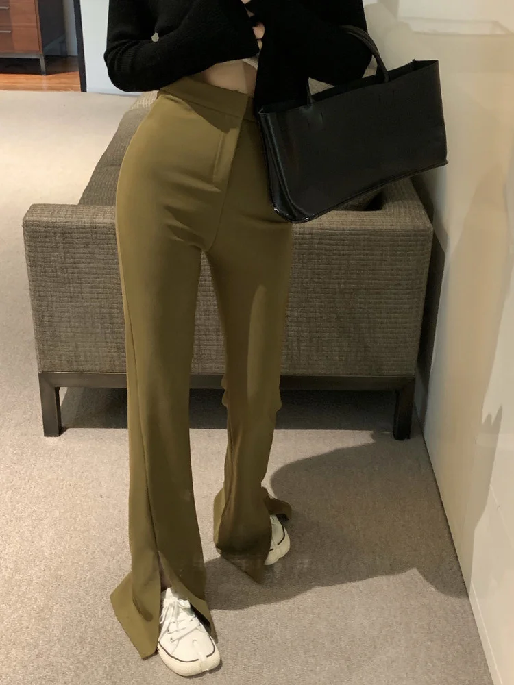 

Весенние Костюмные брюки женские винтажные расклешенные брюки с высокой талией с разрезом облегающая уличная одежда в Корейском стиле пов...