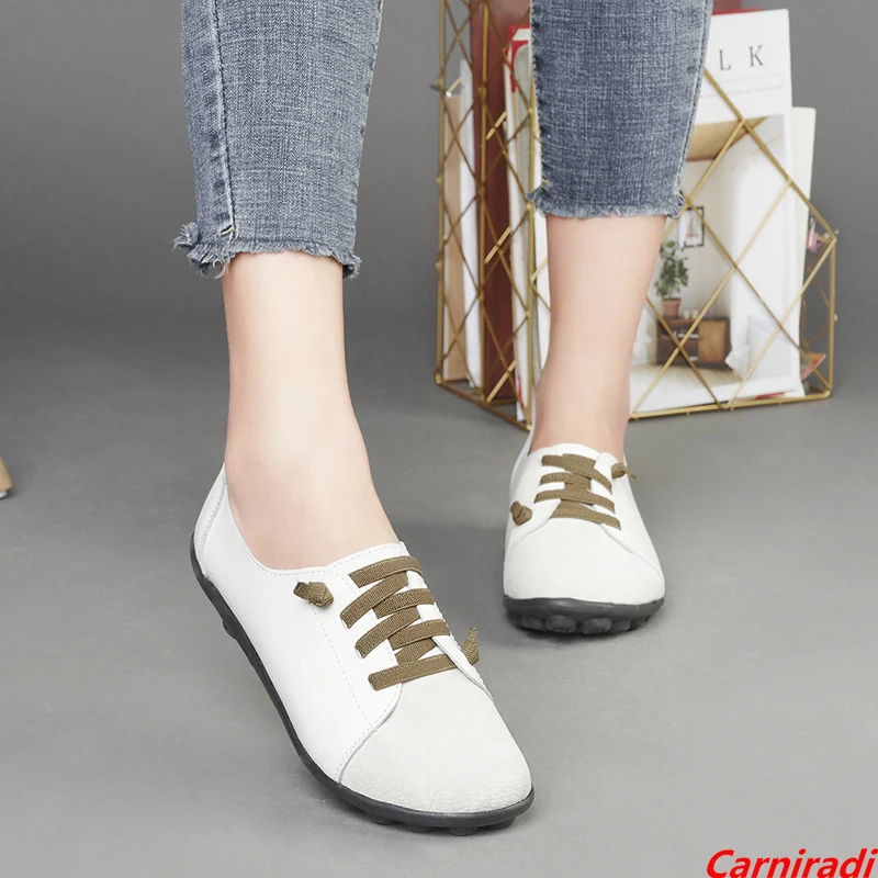 

High Quality Genuine Leather Mother Flats Casual Shoes Women Spring Moccasins Garden Loafers Ladies Non-slip Bean Walking Shoes