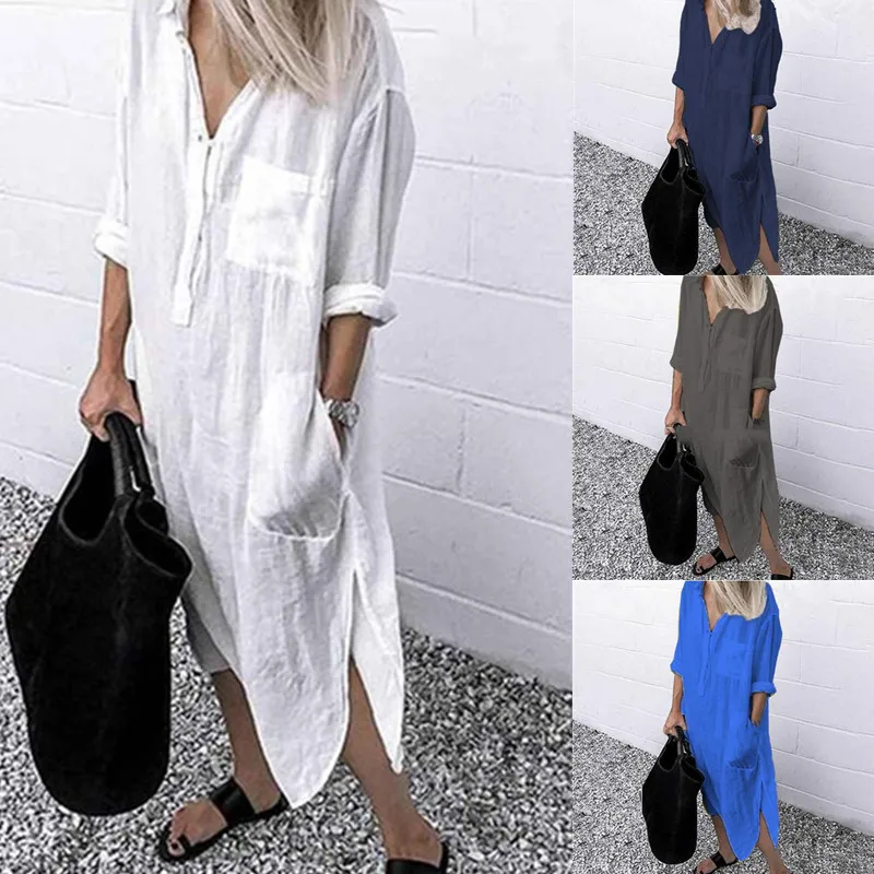 

Women Long Shirt Dress Ladies Long Sleeve Casual Solid Color Maxi Dress Vintage V Neck Side Split Pocket Button Loose Dress