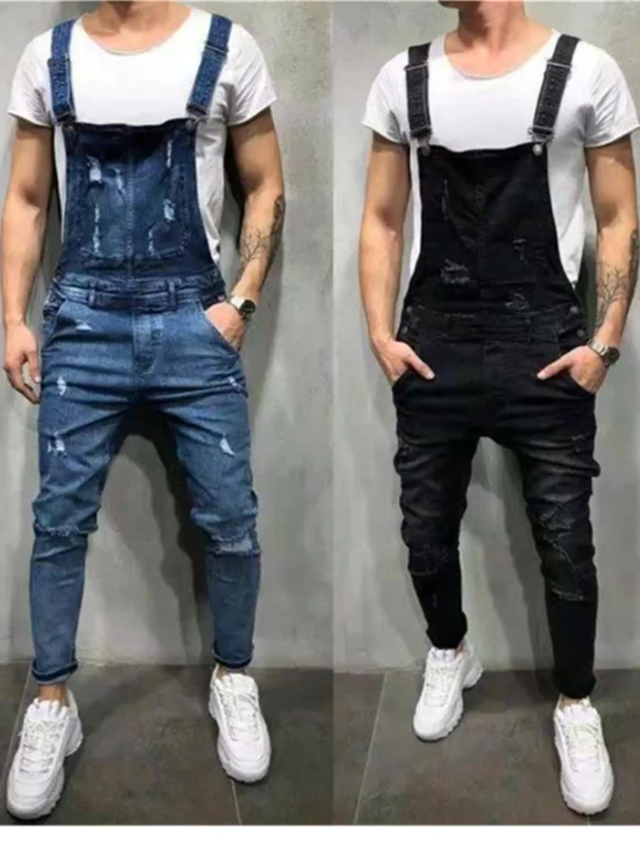 Men's Jeans Fashion Casual Strap Jeans One-piece Loose Men's Jeans Four Seasons Blue New Business Casual Work Wear Pants Men