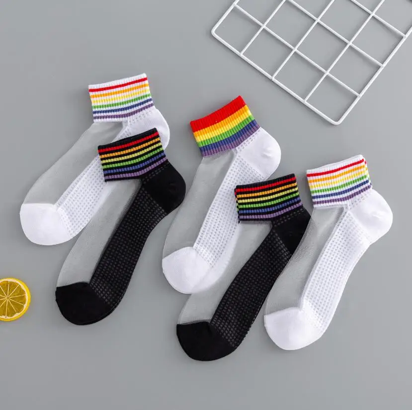 

Summer Rainbow Transparent Ankle Socks For Women 5 Pairs/ Lot Cotton Crew Socks