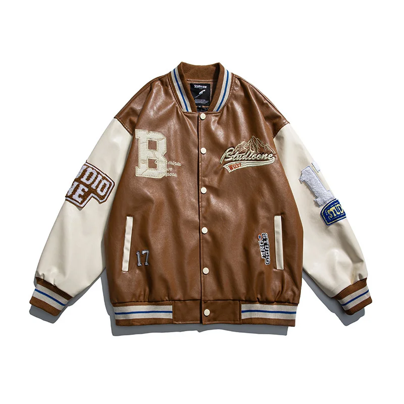 

Мужская кожаная Бейсбольная Куртка Varsity для мужчин и женщин, винтажная куртка с вышивкой и надписью в стиле пэчворк для колледжа, куртка-бом...