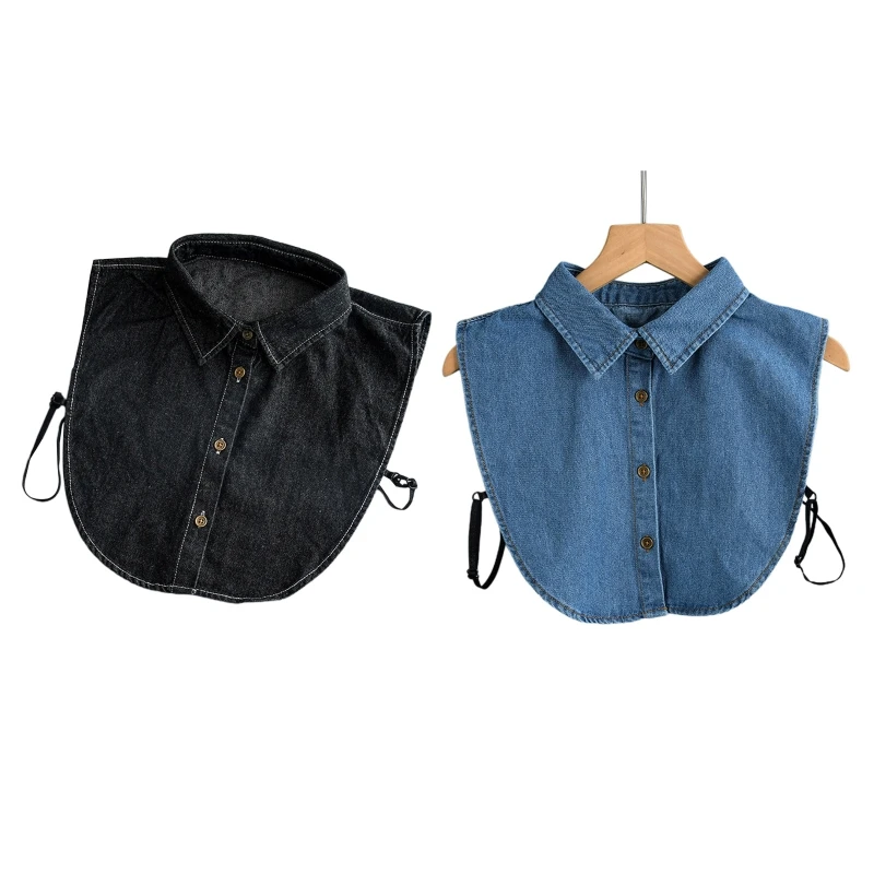 

L21E Women Vintage Washed Denim Faux Collar Autumn Winter Detachable Dickey Blouse Button Down Layering Lapel Half Shirt
