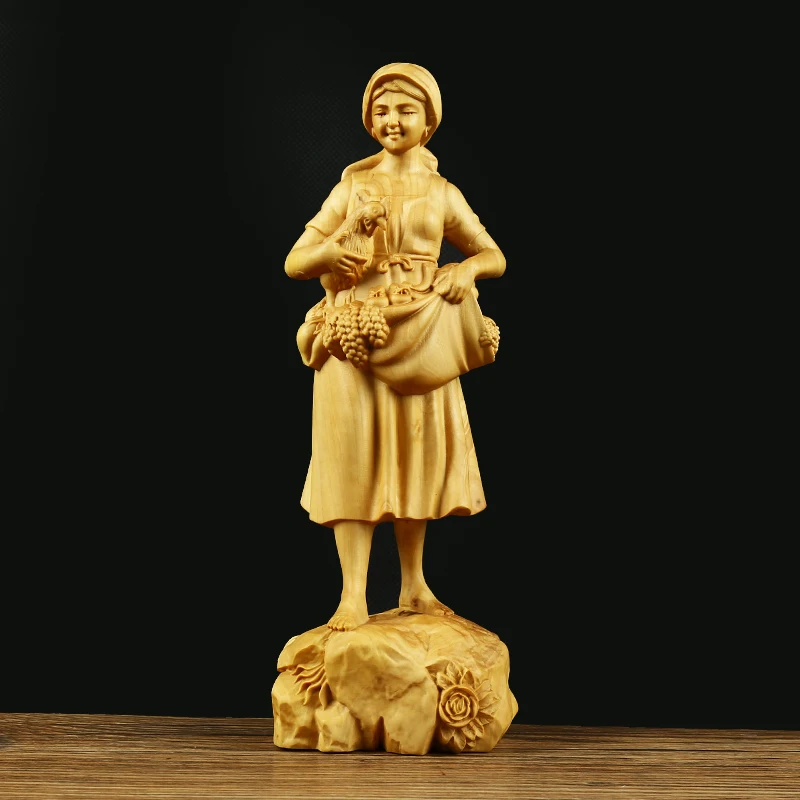 

20cm Handmade Delicate Boxwood Carving Autumn Good Harvest Figurine Home Office Putting Decorate Ornament
