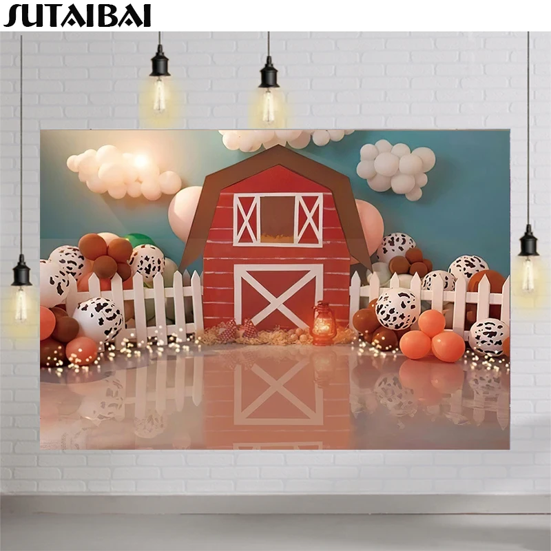 Photo Background Baby Cartoon Rural Farm Red House Birthday Wooden Fence Balloon Poster Photographic Backdrops Photo Studio