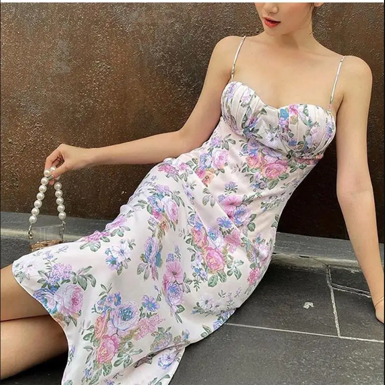

Женское облегающее платье макси на бретелях-спагетти с цветочным принтом Y2k, длинный сарафан с глубоким V-образным вырезом и открытой спиной, летняя уличная Клубная одежда