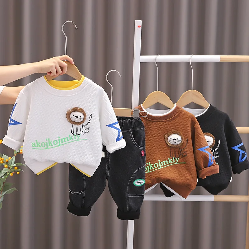 

Baby Tracksuit Set 2023 Spring Autumn Cartoon Lion O-neck Pullover Long Sleeve T-shirts Tops and Jeans Kids Suits Boys Outfits