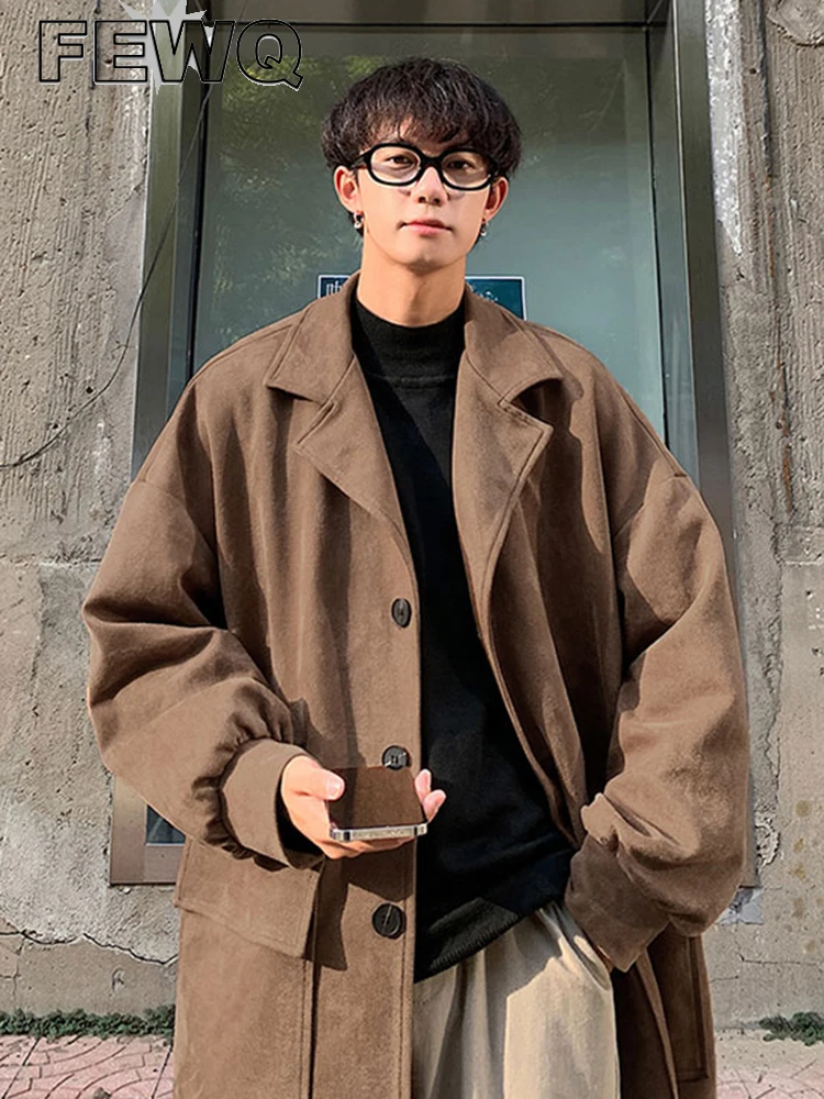 

Мужское шерстяное пальто с двойными карманами FEWQ, свободное однобортное пальто с воротником-костюмом в Корейском стиле, модель 24A752 на осень...