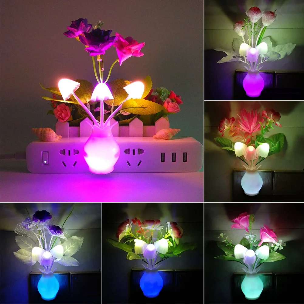 0.5W LED Night Light With Auto Sensor Energy Saving Rose Flower Mushroom Plug In Lamp For Bedroom Bathroom Living Room Kitchen