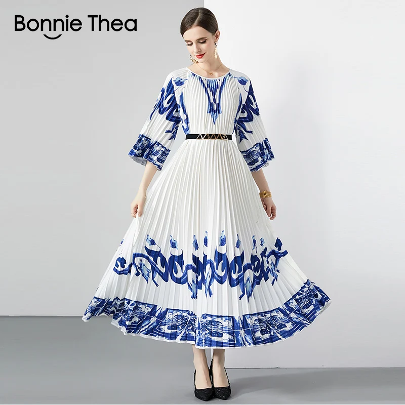 Miyake New 2023  Summer blue and white porcelain Pleated Long Dress Women Lace-up Belt Print Loose Large Size Party Maxi Dress