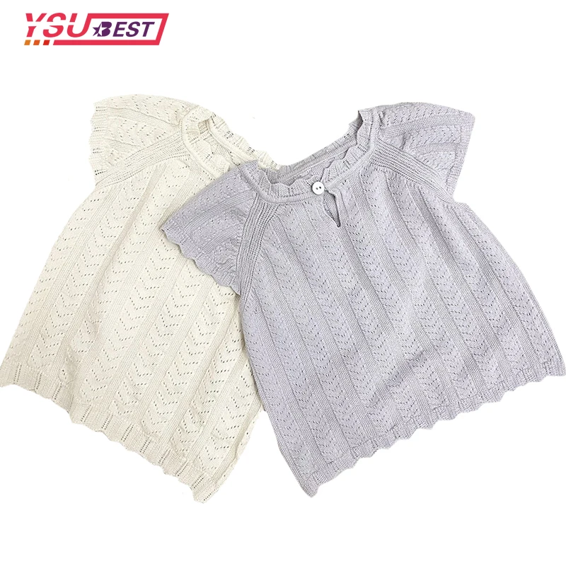 

Summer Baby Knitted Pullover Girl Knitted Tshirt Short Sleeve Bow Cotton Infant Toddler Child Hollow Sweater Top Baby Clothes