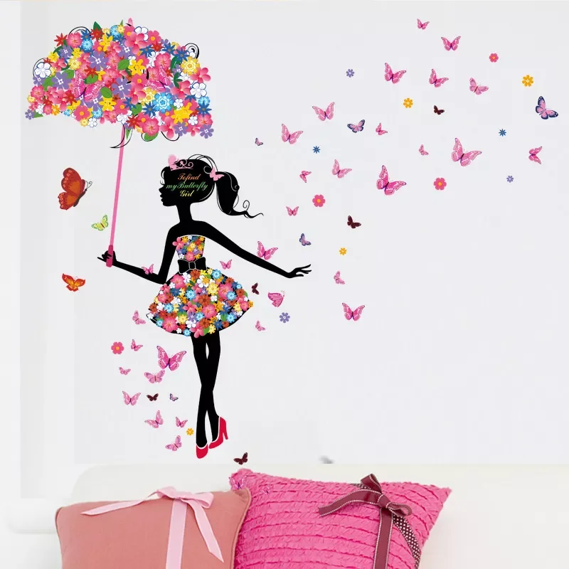 

Cartoon Butterfly Fairy Floral Girl with Umbrella Wall Stickers for Girl Bedroom Children Room Wall Decals Colorful Flowers PVC