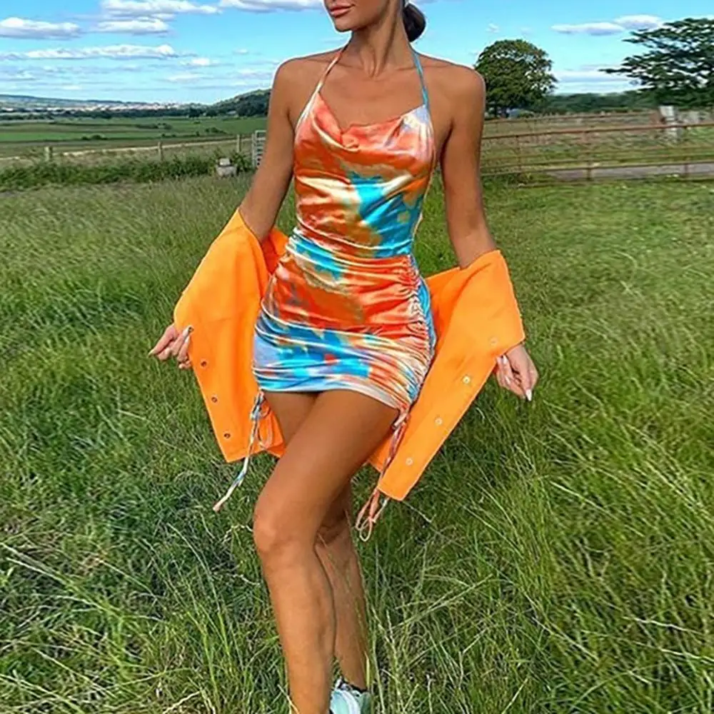 

Backless Dress Sleeveless Dress Bodycon Sexy Backless Women Drawstring Tie Dye Ruched Strappy Dress