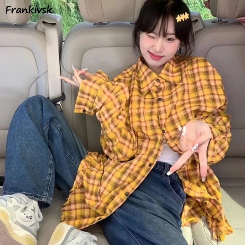 Желтые рубашки с длинным рукавом женские повседневные мягкие клетчатые топы