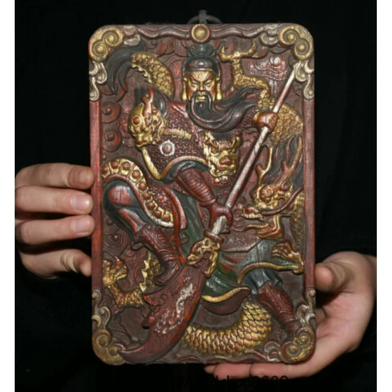 

9-дюймовая картина из старого дерева Guan Gongyu Warrior Dragon, широкий меч Thangka, настенная подвеска