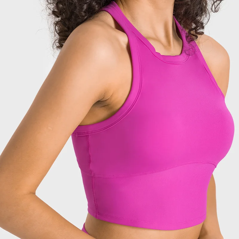 

High End Nylon Full Coverage Gym Workout Bras for Women Racerback Halter Neck Mid Support Sports Fitness Yoga Vest Built in Bra
