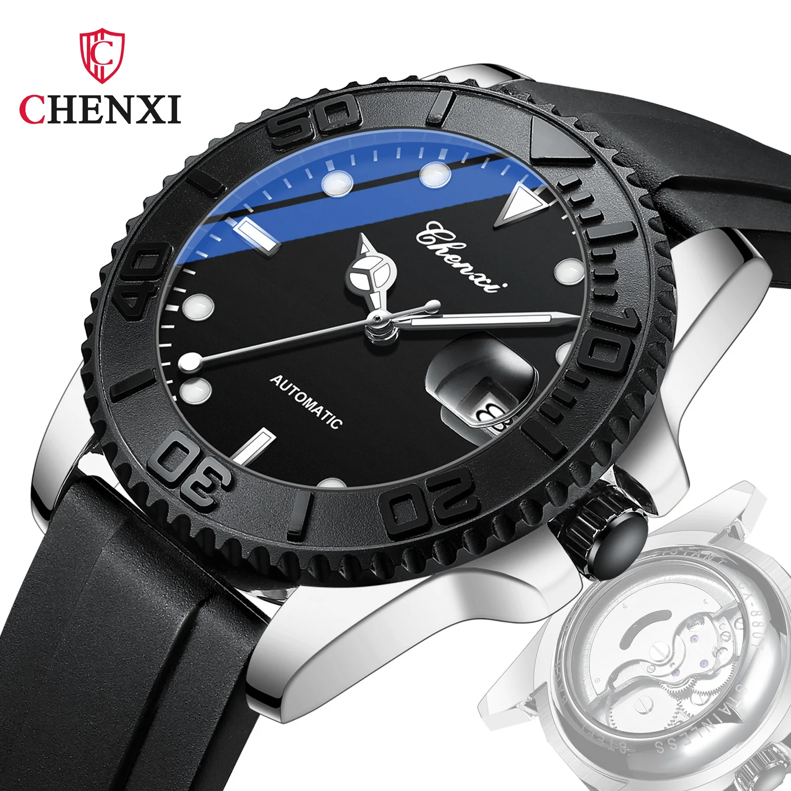 

CHENXI 8807 New Automatic Calendar Night Light Waterproof Ghost Silicone Belt Fashion Men's Mechanical Watch