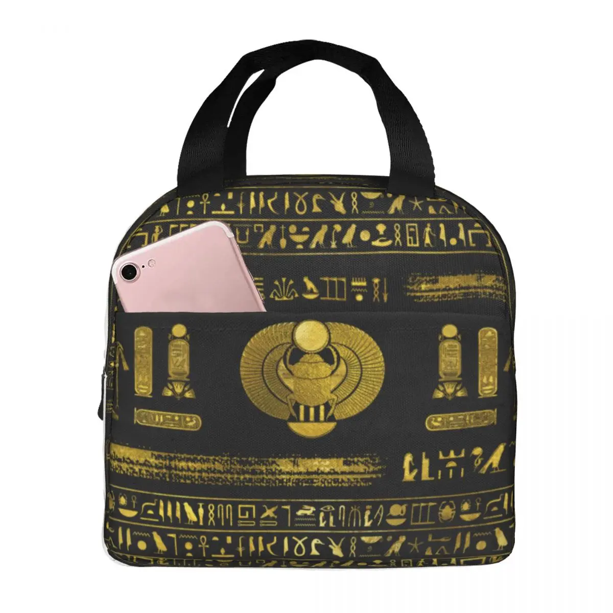 Lunch Bags for Men Women Golden Egyptian Scarab Thermal Cooler Bags Portable Picnic School Egypt Pharaoh Ethnic Canvas Tote