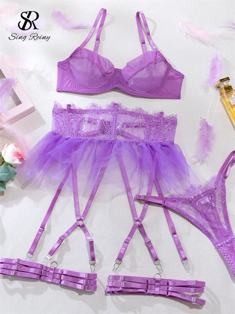SINGREINY однотонный эротический бюстгальтер и трусы высокого качества прозрачная