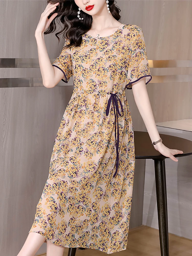 2023 New Floral Chiffon Short Sleeve Midi Dress Summer Fashion Light Casual Beach Dress Women Korean Elegant Bodycon Party Dress