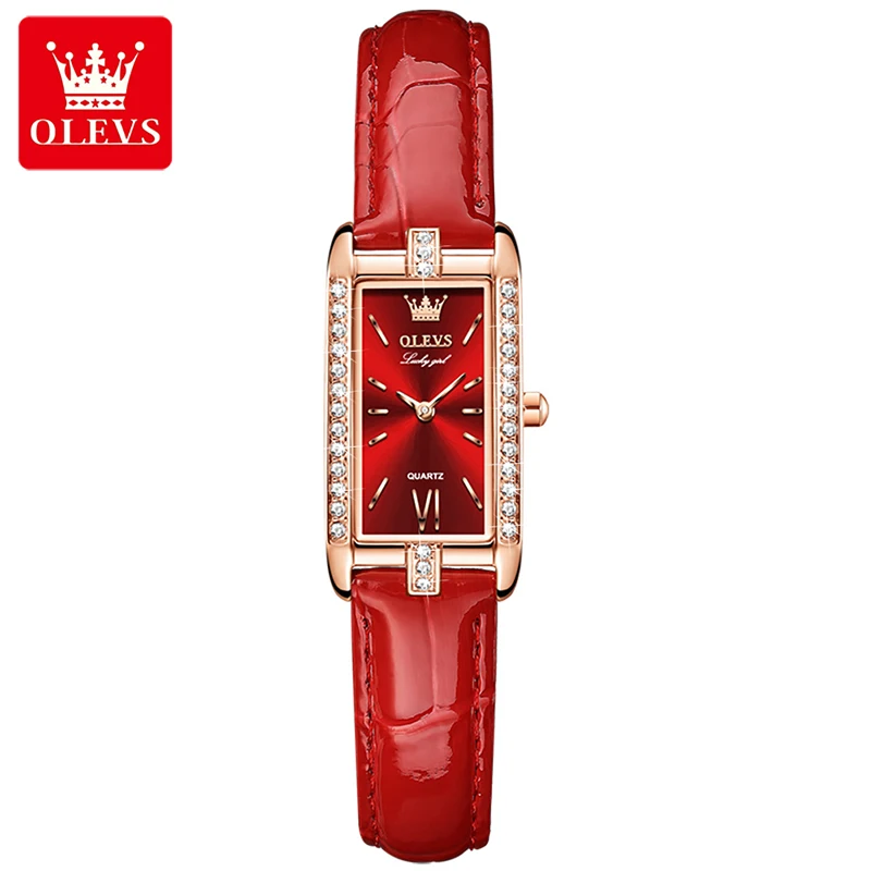 

OLEVS Fashion Women Red Waterproof Leather Watch Luxury Diamond Rose Gold Rectangle Case Quartz Watch For Women Zegarek Damski