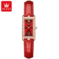 olevs fashion women red waterproof leather watch luxury diamond rose gold rectangle case quartz watch for women zegarek damski