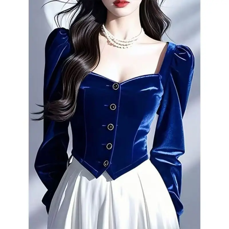 Роскошная французская синяя бархатная рубашка с квадратным воротником