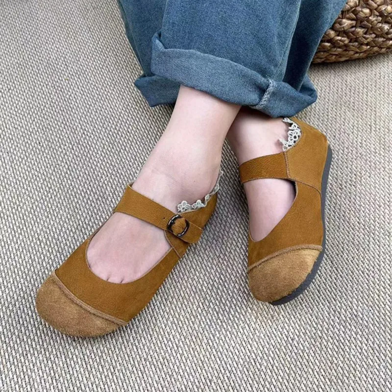 

YourSeason 2023 Spring Autumn Genuine Leather Buckle Strap Ladies Shoes Vintage Round Toe Women Soft Soles Flats Solid Color