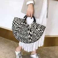 women handbag black and white rattan wicker straw woven half round bag large capacity female casual travel tote fashion bolsos