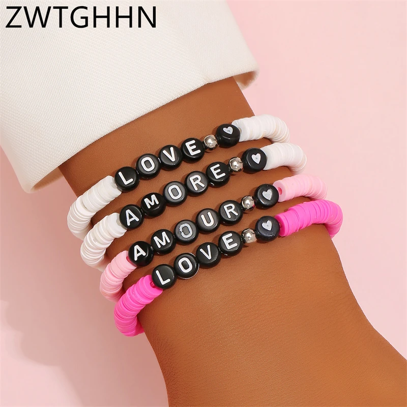 

ZWTGHHN 4PCS/Set DIY Letter Polymer Clay Bracelet For Women Multicolor Bohemian Charm Kpop Jewelry Friendship Bracelets Gifts