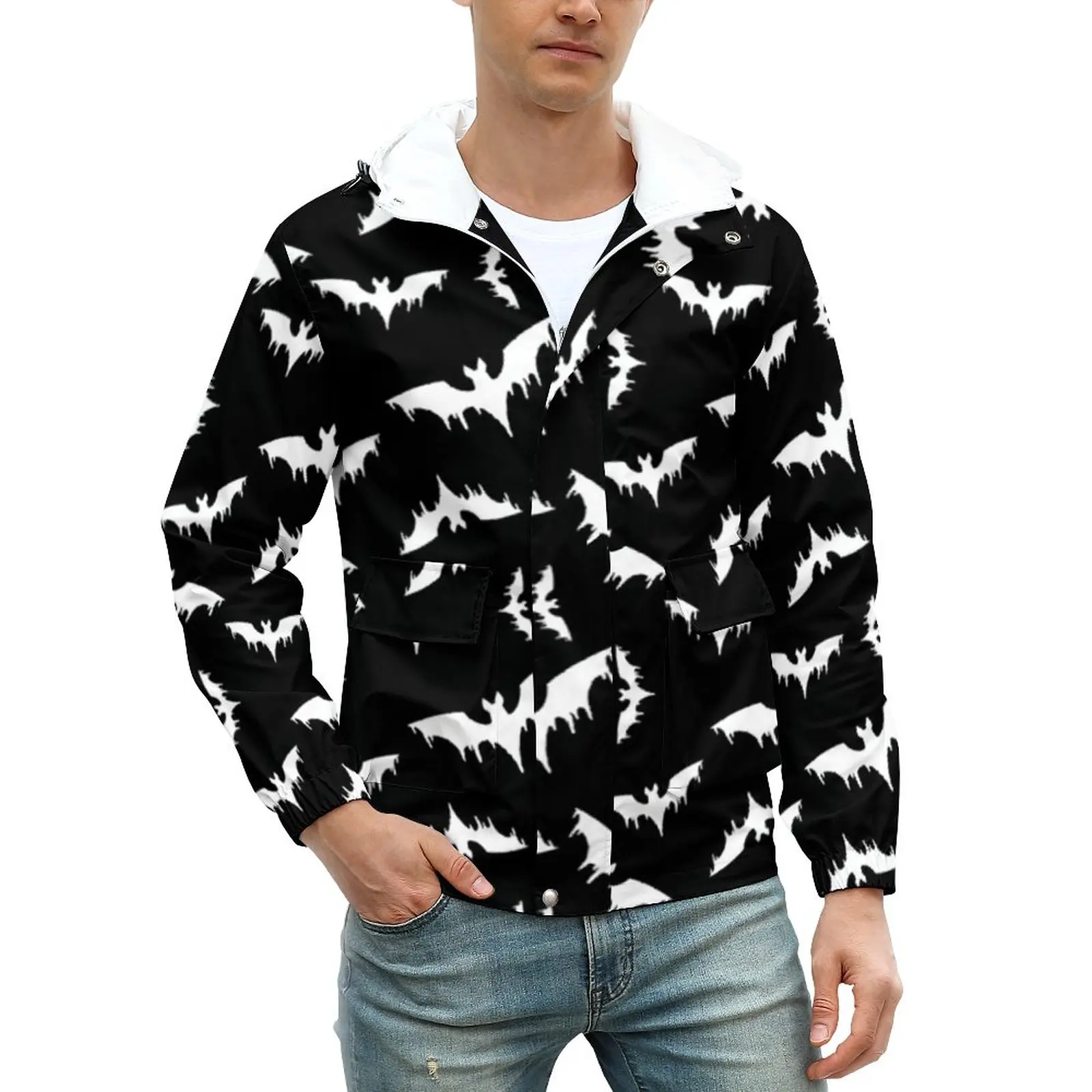 

Куртка мужская зимняя с капюшоном и принтом летучих мышей, батальных размеров