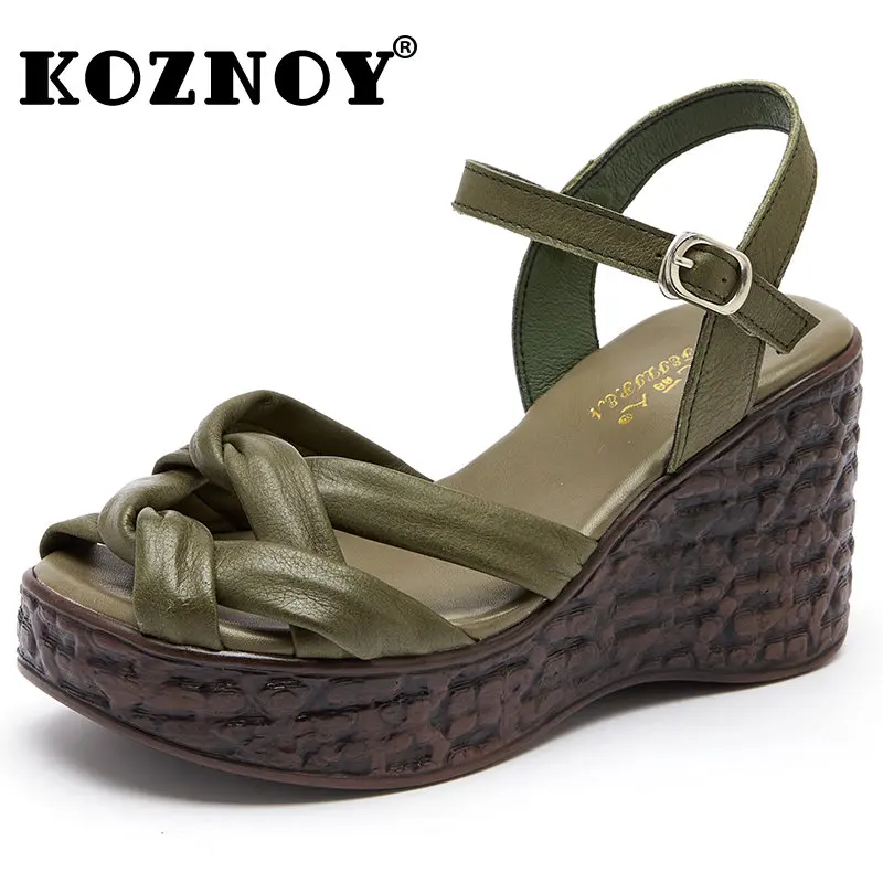 

Koznoy Wedge Heel 8cm Hot Sale Cow Genuine Leather Summer Sandals Classic Pump High Heels Platform Women Fashion Ladies Shoes