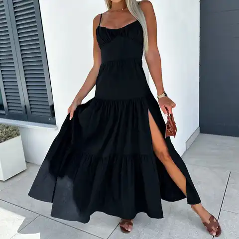 Summer Spaghetti Strap Beach Long Dress Casual O-Neck Sleeveless Pleated Split Holiday Dress Sexy Bandage Backless Women Dress
