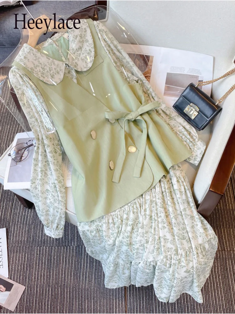 

Костюм женский из 2 предметов, длинное платье с круглым воротником и длинным рукавом, с принтом и двубортный жилет, Костюм 4XL, Осень-зима