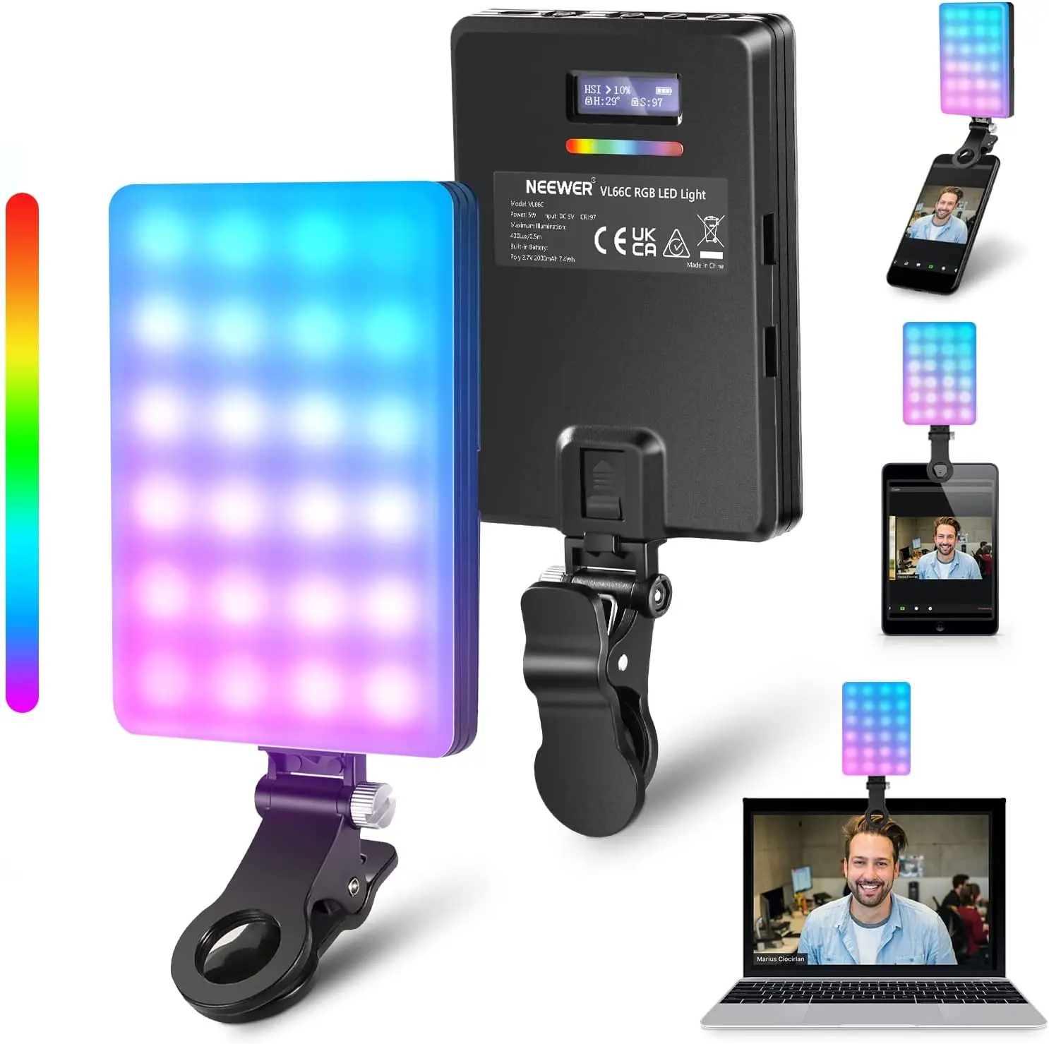 

NEEWER RGB светодиодный с держателем для телефона и встроенным зажимом для телефона/стола/ноутбука/видеоконференции/TikTok/селфи/Vlog/прямой трансляции, VL66