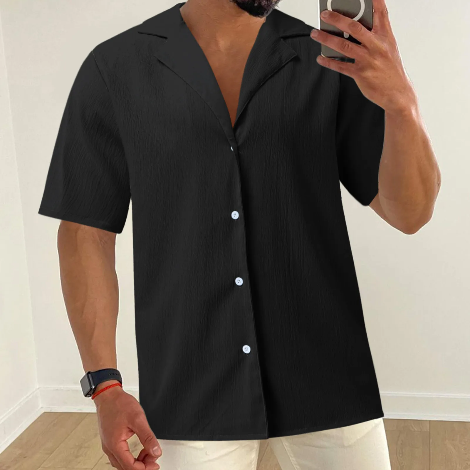 

Mens Shirts Medium Male Summer Casual Solid Fold Shirt Short Sleeve Turn Down Collar Shirt Blouse Medium
