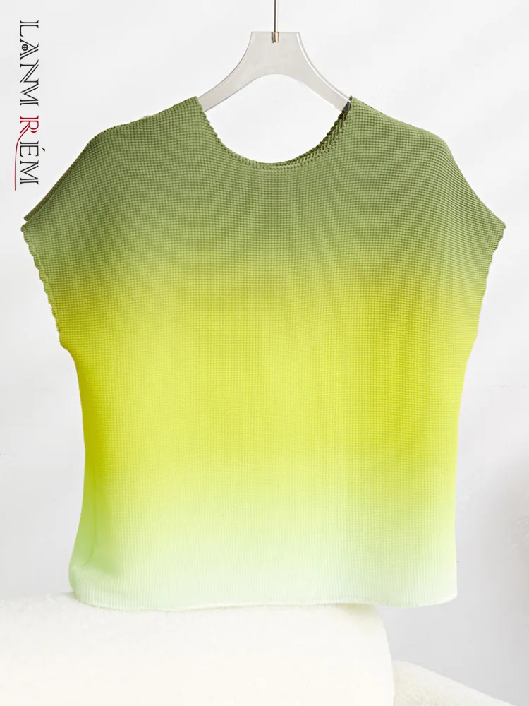 

LANMREM тонкая градиентная футболка с круглым вырезом и короткими рукавами, плиссированный топ с принтом, стильная одежда, женская летняя Новинка 2023, 2DA1243