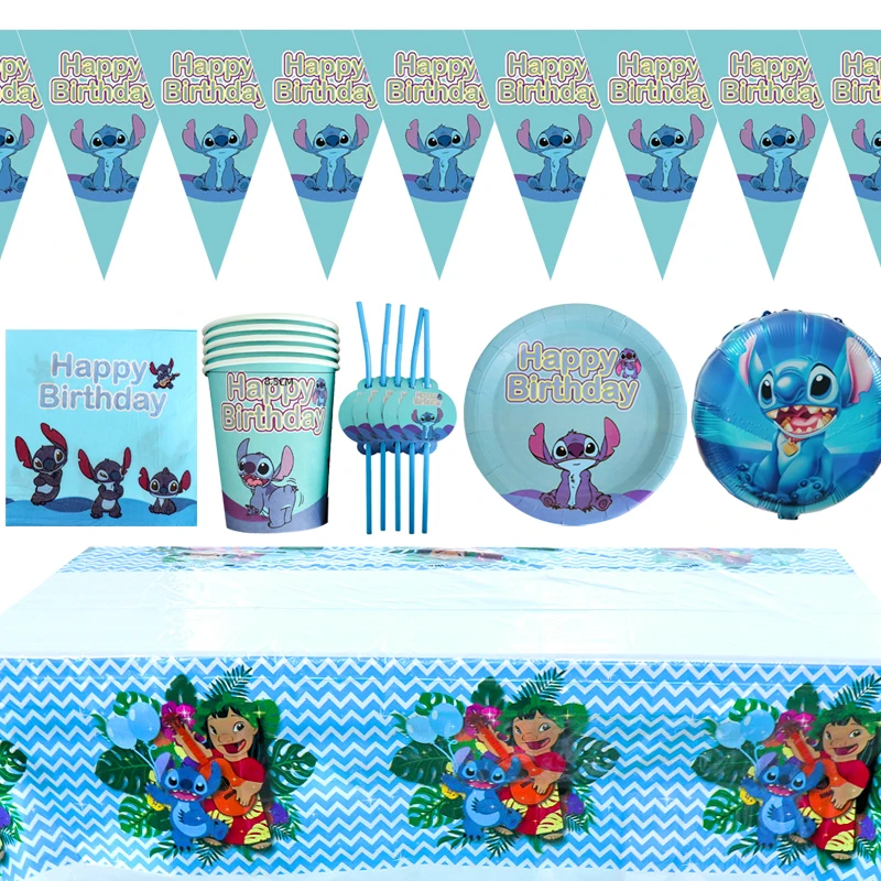 

67pcs/lot Lilo Stitch Theme Table Cover Banner Happy Birthday Party Flags Napkins Plates Cups Decora Tablecloth Straws Balloons