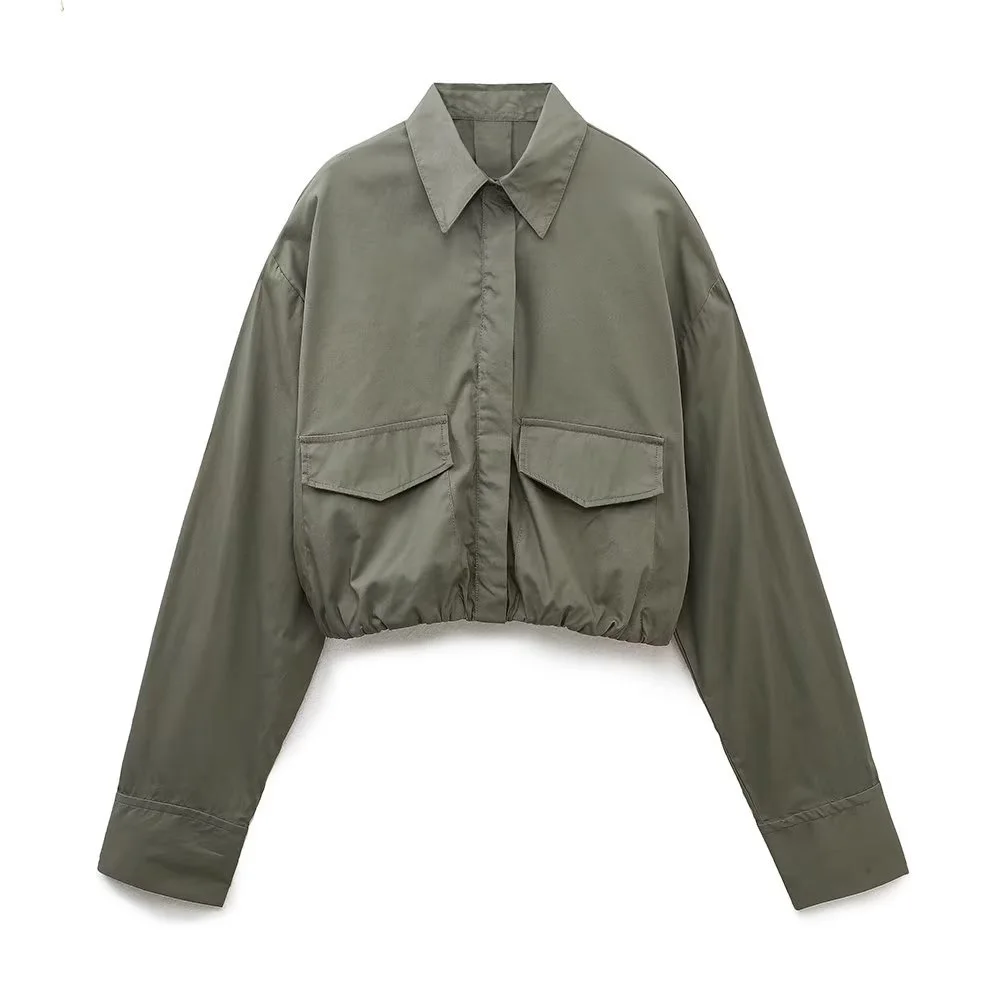 

PB&ZA Jacket Woman Vintage Clothes Casual Streetwear Short Coat Army Green Pocket Long Sleeve Top Wide-waisted Outfits 7385127