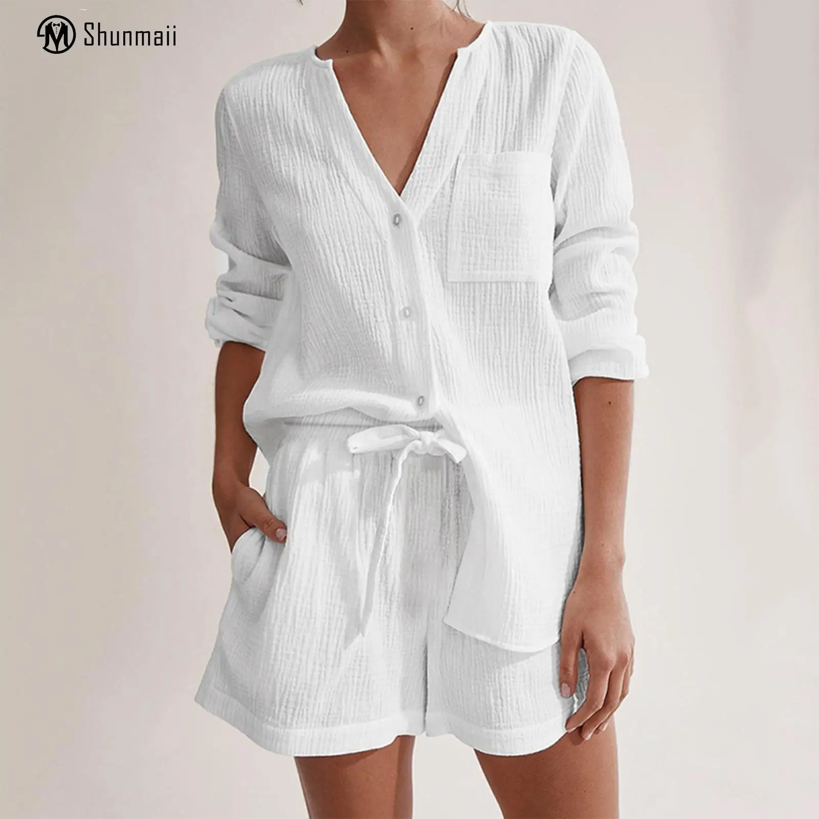 

Women Cotton Shirt Shorts Suit Casual Simple Long Sleeve Shirt And Shorts Sleepwear Single Breasted Drawstring Fashion Pajamas