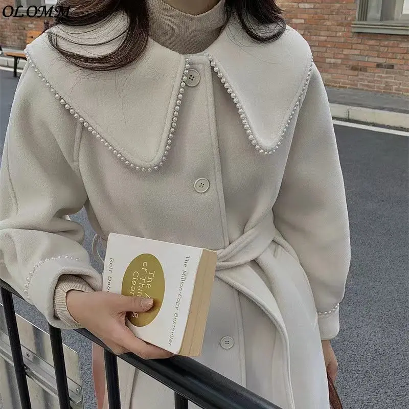 

Korean Chic Autumn And Winter Minority Pearl Trimmed Temperament Casual Long Woolen Coat Women Female Overcoat Vintage Kawaii