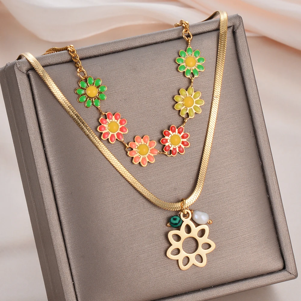 

Mixed Color Daisy Flower Double Layer Pendant Necklace Gold Color Flat Snake Choker Jewelry Gift collares para mujer