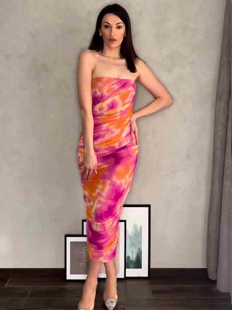 

2023 Summer Women Sexy Off Shoulder Print Tulle Maxi Dresses Chic Backless Sleeveless Dress Elegant Slim Party Club Lady Vestido