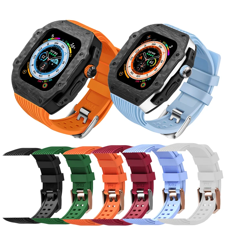 

49mm 45mm 44mm Carbon Fiber Case for Apple Watch Ultra Modification Kit for Apple Watch 8 7 6 5 4 Se Fluororubber Silicone Strap