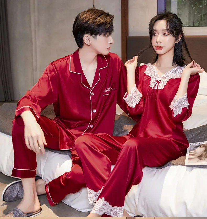 New Couple Pajamas Satin Chiffon Silk Men's Cardigan Women's Pullover Home Furnishing Long Sleeve Korean Edition Solid Color Set