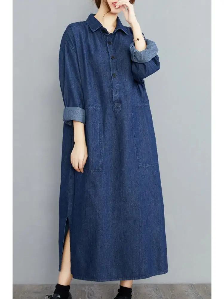 

Женская однобортная джинсовая уличная одежда, однотонная трапециевидная юбка с отложным воротником и длинными рукавами, осень