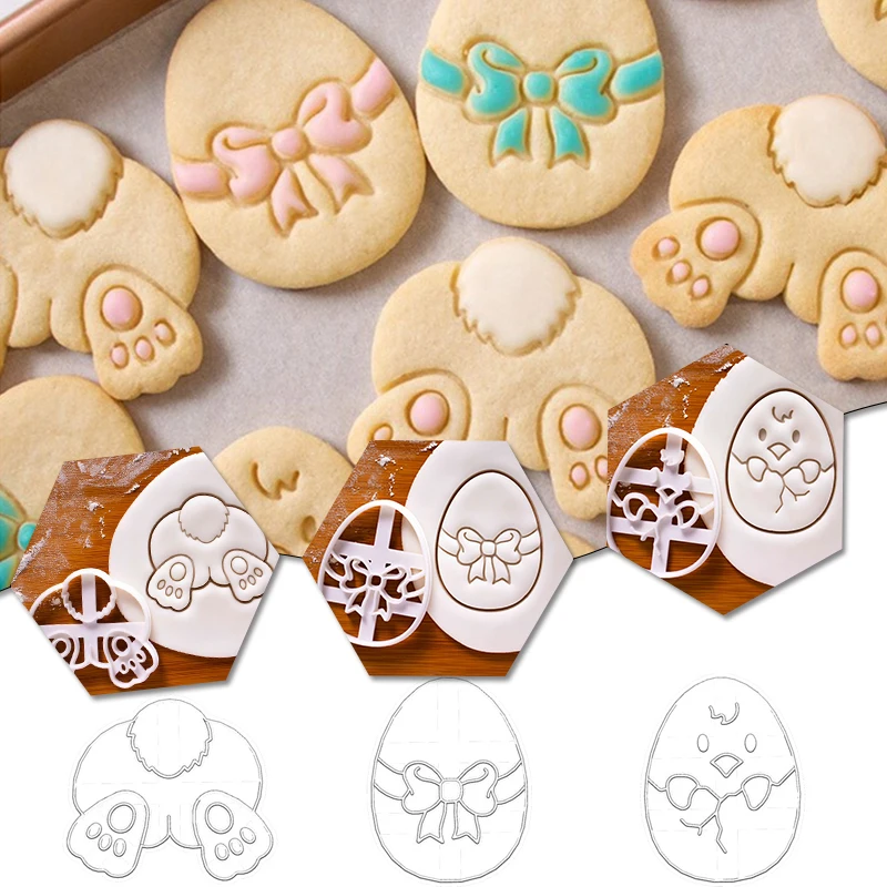 

1/3pcs Cute Easter Egg Cookie Embosser Mold Bunny Chick Shaped Fondant Icing Biscuit Cutting Die Set Baking Cake Decoating Tool