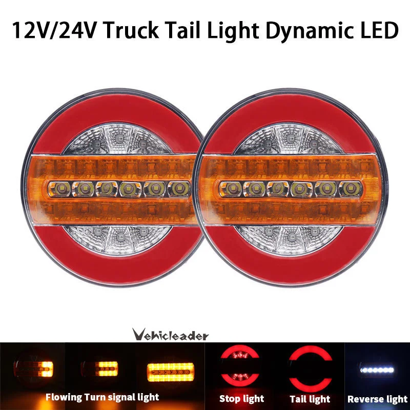 

2Pcs 12V/24V LED Round Tail Light For Truck Trailers Sequential Dynamic Turn Signal Brake Reverse Lamp Tractor Van Rear Light