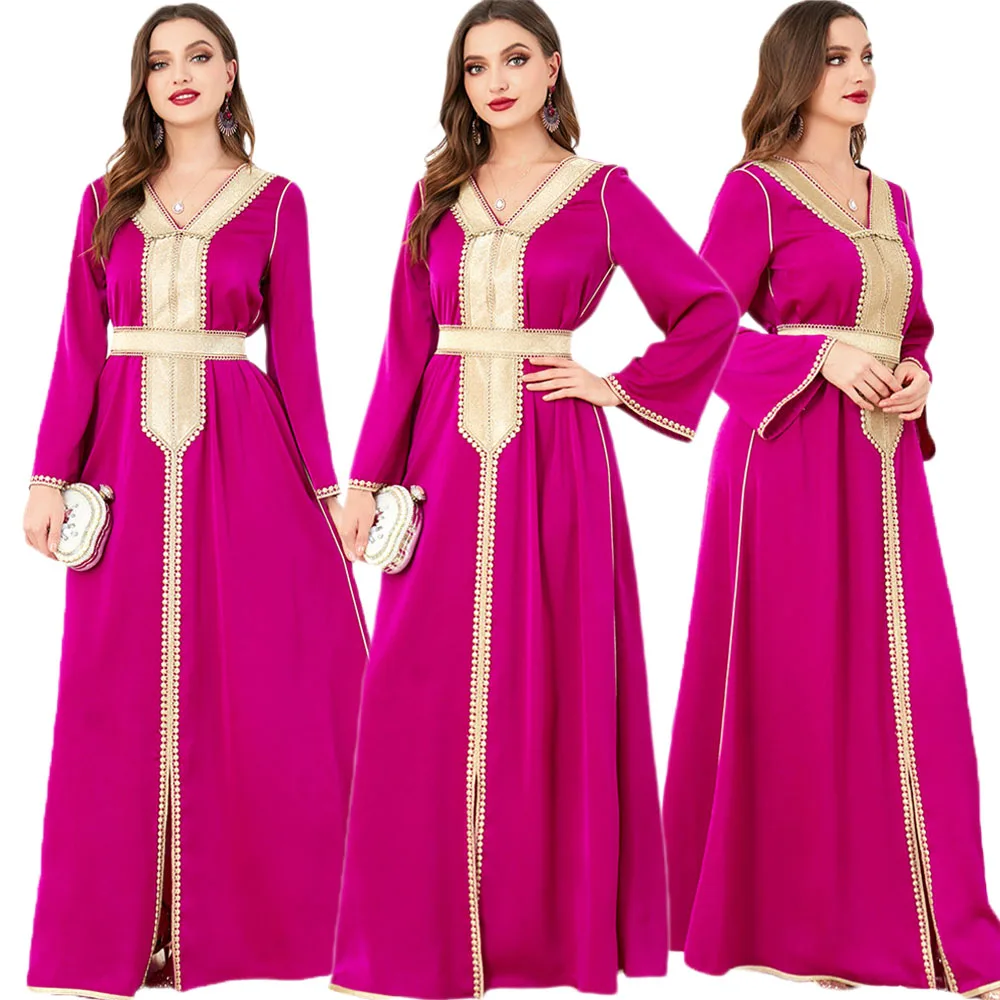 

New 2023 Embroidery Guipure Lace Panel Belted Dress Elegant V-nek Long Dresses Abaya Muslim Women Clothing Ramadan Eid Evening