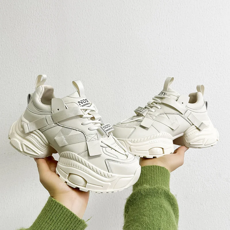 

Женские массивные кожаные кроссовки, спортивная обувь на платформе, толстая Вулканизированная подошва, на весну